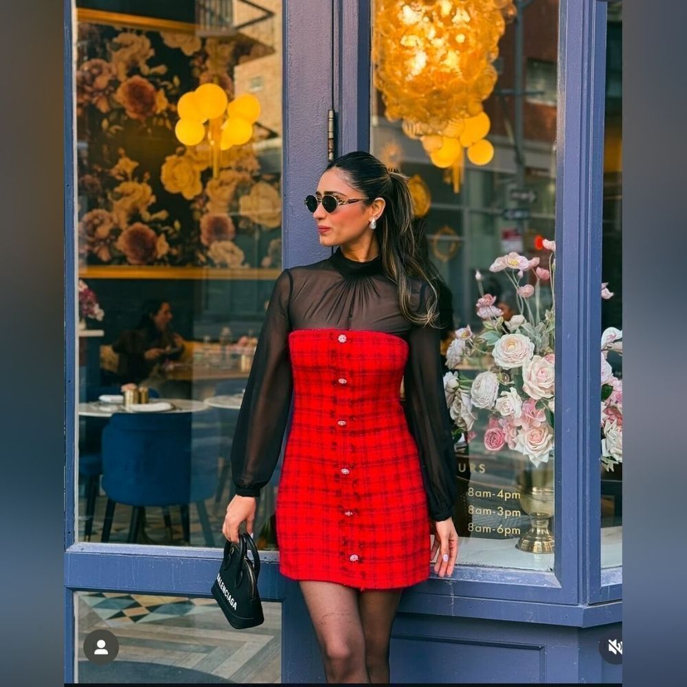 NWT ZARA Bloggers Fav COMBINATION STRUCTURED DRESS Mini Red black tweed Jewel - Picture 8 of 17